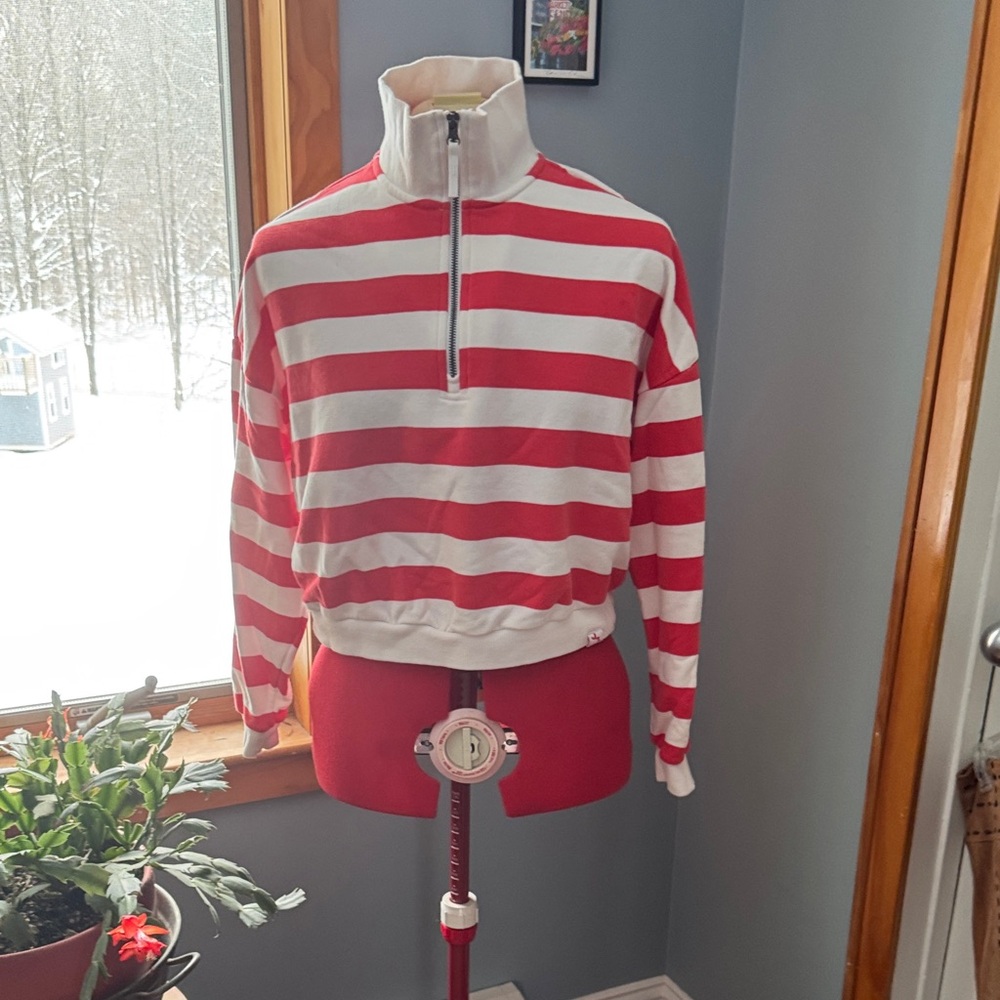 JoyLab Women's Red and White Striped Zip-Up Sweater